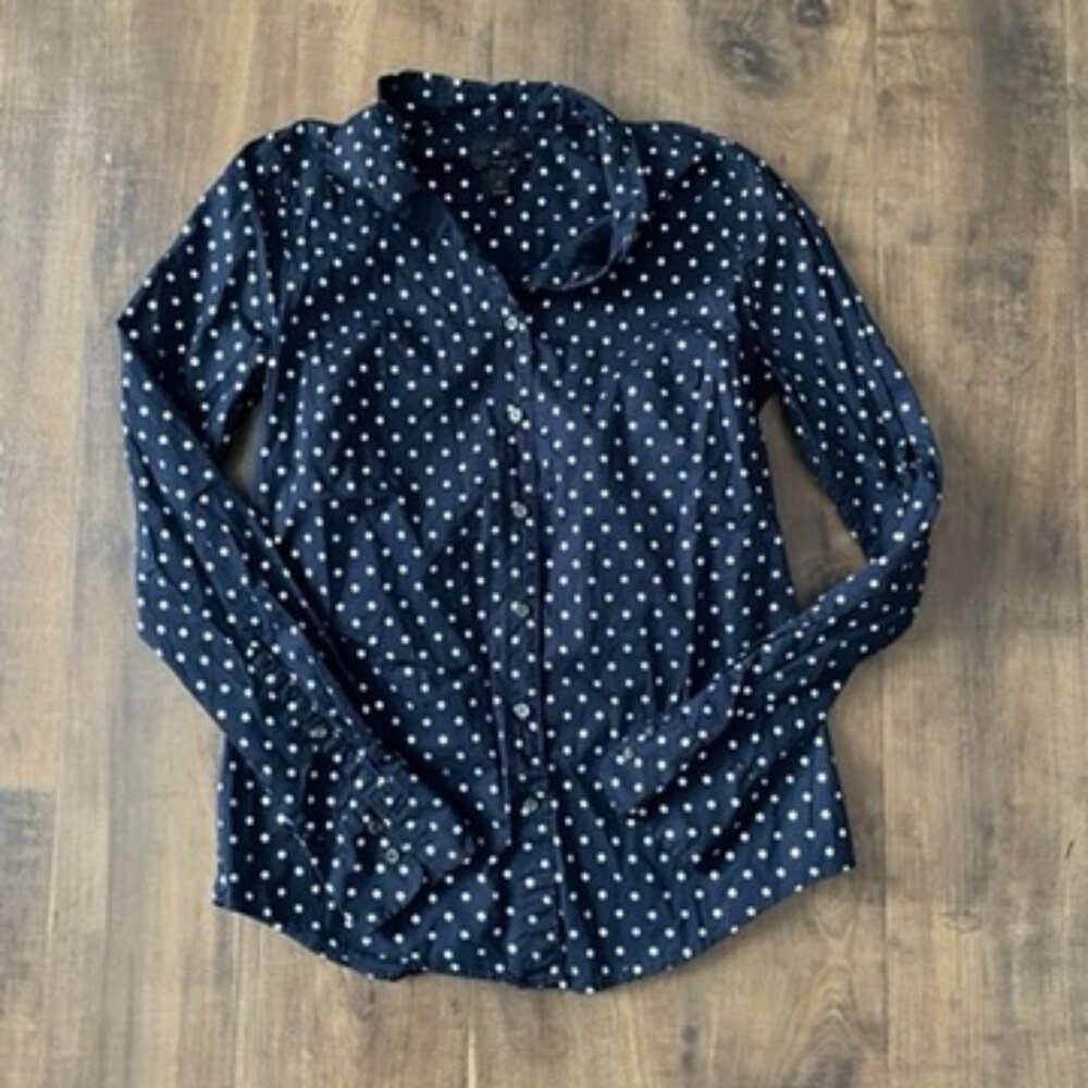 J.Crew 6T Navy Polka Dot Button Front Shirt Cotton Long Sleeve Top